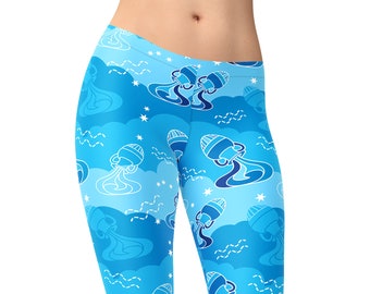 May include: Blue leggings with a repeating pattern of Aquarius zodiac signs and stars. The leggings are made of a stretchy, comfortable fabric and are perfect for yoga, running, or everyday wear.