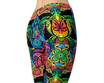 Leggings con estampado de mandala – Estilo bohemio psicodélico neón, cintura alta, ideal para festivales.
