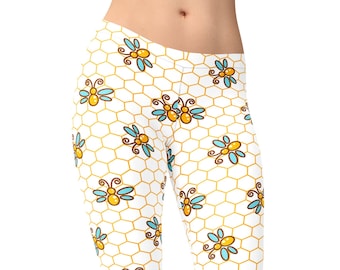 Honey Bee-legging – cartoon honingraatprint hoog getailleerd – cadeau voor imker