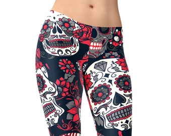 Day of The Dead colorful sugar skull with floral leggings, printed leggings, high waste leggings, yoga leggings, capri leggings, yoga shorts