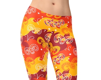 Leggings del signo zodiacal Aries – Estampado astrológico de carnero rojo y naranja – Cintura alta para mujer