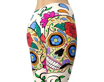 Sugar Skull Leggings - Day of the Dead Floral Calavera Print - High Waisted for Women