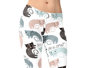 Funky Cat Leggings – Pastel Kitten Print – Whimsical Yoga Pants for Women