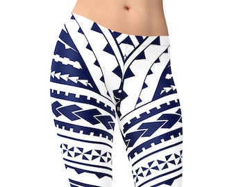Legging tribal polynésien - Imprimé Maori Ta Moko bleu marine - Taille haute