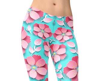 3D sakura flower leggings, floral leggings for women, printed leggings, yoga pants, workout leggings, high waist leggings, pink leggings