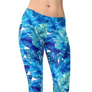 Floral Blue Sky Leggings, Blue tropical leaves Yoga pants, workout leggings, leggings for women, yoga shorts, capri leggings, Floral Outfit