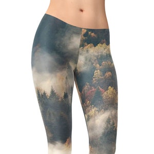 Fog Forest Leggings, Foggy Trees Landscape Workout Tights, Nature Inspired Yoga Clothing, Forest Print Pants Christmas Gift for Her XS-3XL