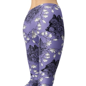 Wolf Leggings, Flower Leggings, Purple Leggings, Boho Leggings, Printed Leggings, Leggings for Women, Yoga Leggings, Workout Leggings