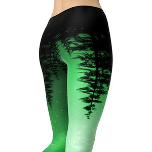 Mystic Forest Green Galaxy Leggings, Celestial Tree Print Yoga Pants, Outdoor Hiking Clothes Women, Size XS-3XL Full Length Capri High Waist