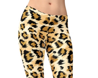 May include: A pair of leggings with a leopard print pattern in shades of brown, yellow, and black.