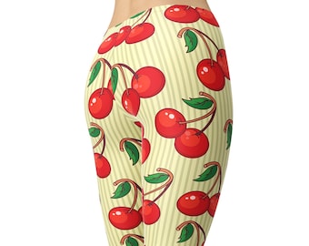 Cherry Leaves Tart Monochrome Striped Cherries Vintage Retro Printed Leggings Cherry Leaves Tart Monochrome Striped Cherries Vintage Retro Printed Leggings