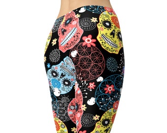Sugar Skull Leggings – Colorful Calavera Floral Print – High Waisted Yoga Pants for Women
