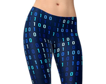 Leggings con código binario – Estampado ciberpunk de lluvia digital azul – Pantalones de yoga para mujer