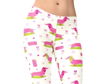 Dachshund Leggings – Pink Wiener Dog Floral Print – High Waist Women