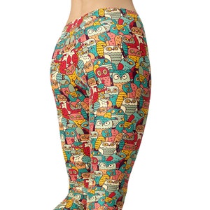 Hand Draw Cute Owl Leggings, Bird Leggings, Colorful Leggings,Prined Leggings, Yoga Pants, Workout Leggings, Activewear