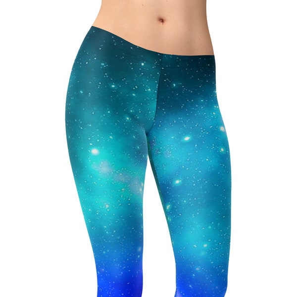 Leggings bleus magiques galactiques, collants galaxie colorés, vêtements célestes du festival, pantalons de yoga espace bleu, tenue de fête des étoiles de l'univers