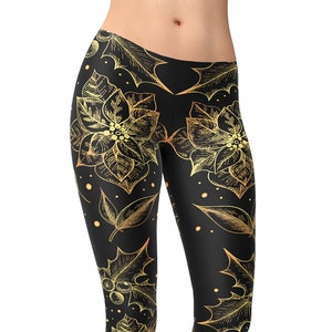 Black High Waist Leggings: Vintage Gold Floral Print Yoga Pants