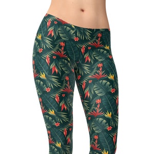 Colorful dark tropical forest flowers palm leaves leggings, floral yoga pants, workout capri leggings, yoga shorts, high waist leggings