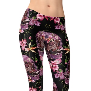 Skull Floral Leggings for Women, Skull Tights, Yoga Pants, Printed Leggings, Exercise Leggings, Workout Leggings, Halloween Pants