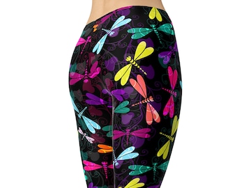 Dragonfly Print Leggings – Neon Multicolor on Black – Yoga Pants for Women