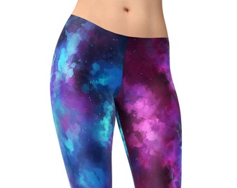 Leggings con stampa galassia – Design spaziale nebulosa blu e viola per donna