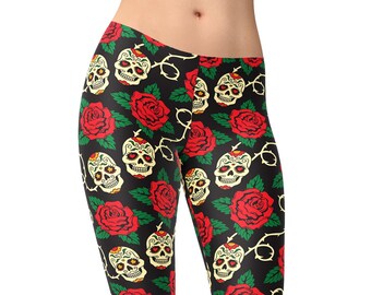 Sugar Skull Leggings – Red Rose Calavera Dia de Muertos Print