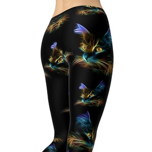 Neon Cat Leggings – Glowing Feline Print on Black – Yoga Pants for Women
