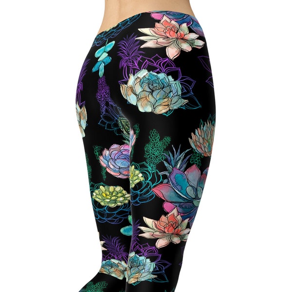 Leggings de plantes succulentes colorées pour femme, Leggings à fleurs, Leggings imprimés, Pantalons de yoga, Leggings d'entraînement, Leggings taille haute, Collants de yoga