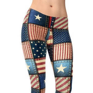 May include: Women's leggings with a patchwork design featuring red, white, and blue colors. The leggings are made of a stretchy, comfortable fabric and have a flattering fit.
