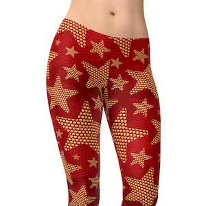 Red Stars Leggings For Women, Golden Stars Yoga Pants, Luxury Leggings, Printed Leggings, Workout Leggings, Yoga Pants, High Waist Leggings
