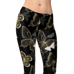 Black & Gold Butterfly Print Leggings: Yoga, Gym, Athleisure