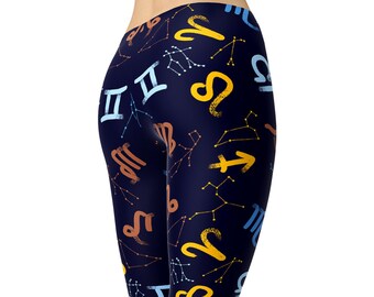 Leggings con estampado de constelaciones del zodiaco – Estampado astrológico celestial azul marino para mujer