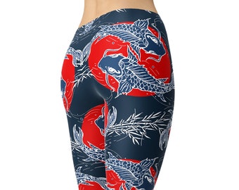 Japanese Koi Dragon Leggings - Navy Red Sun High Waist Print