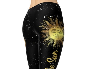 Sun Moon Leggings For Women, Boho Pants, Hippie Leggings, Black Gold Leggings, Sun and Moon Printed Leggings, Yoga Pants, Galaxy Leggings