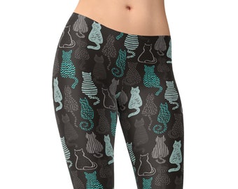 Cat Print Leggings – Teal Grey Kitty Silhouette High Waisted Pattern