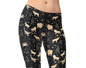 Leggings Zodiac – Estampado de horóscopo en negro y dorado – Pantalones de yoga celestiales para mujer