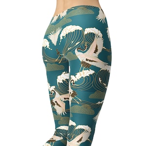 Japanese Crane Bird Leggings for Women, Exercise Yoga Pants, Japanese Art Leggings, Printed Leggings, High Waist Leggings, Capri Leggings