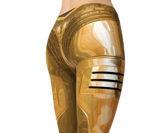 Leggings con diseño de armadura dorada – Estampado de robot cíborg – Pantalones de yoga de ciencia ficción para mujer