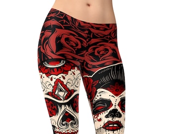 Sugar Skull Leggings, Day of The Dead Leggings, High Waist Leggings, Yoga Pants, Capris, Yoga Tights, Printed Leggings, Leggings for Women