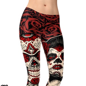 May include: Red and white leggings with a skull and sugar skull design. The leggings are available in shorts, capri, and full length.