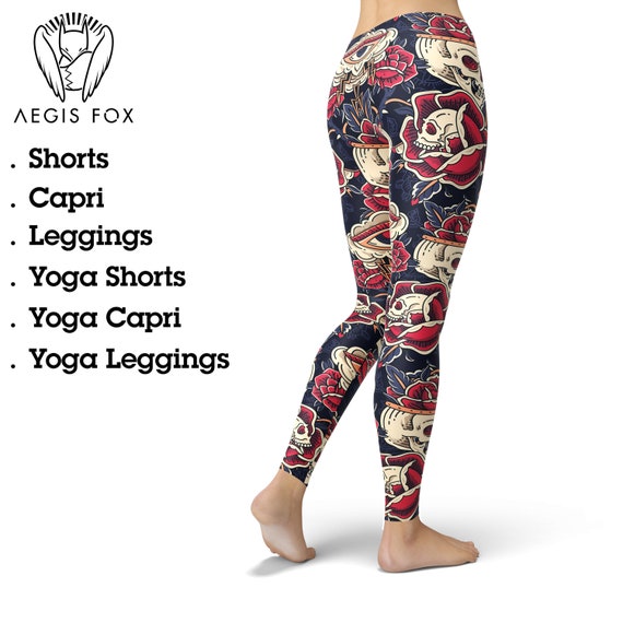 Skull and Rose Leggings - Traditional Tattoo Print High Waist Goth Activewear