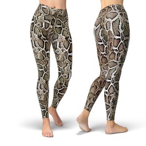 May include: Brown and beige leggings with a snake skin pattern.