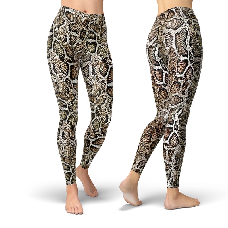 May include: Brown and beige leggings with a snake skin pattern.