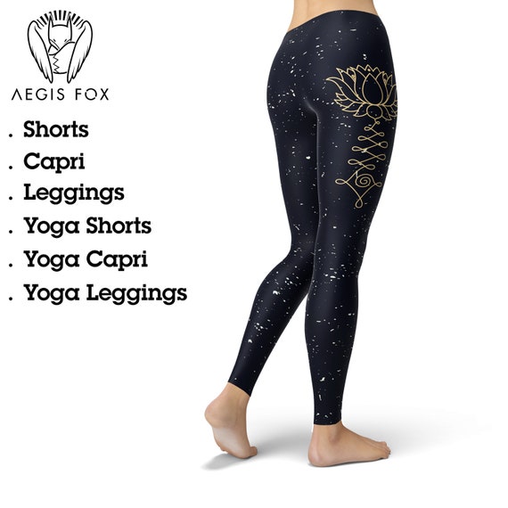 Zen Symbols Flower Leggings, Handdrawn Flower Yoga Pants, Black Leggings  for Yoga, Boho Clothes Women, Meditation Clothes, Zen Birthday Gift 