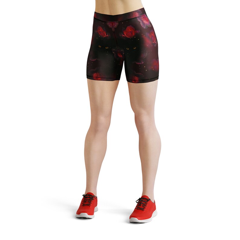 Black Cat Gothic Leggings – Dark Red Rose Floral Print for Women image 9
