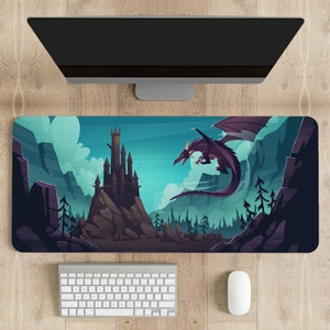 May include: A purple dragon flies over a dark, rocky landscape with a tall, dark castle in the background. The scene is set against a blue and green sky with clouds.