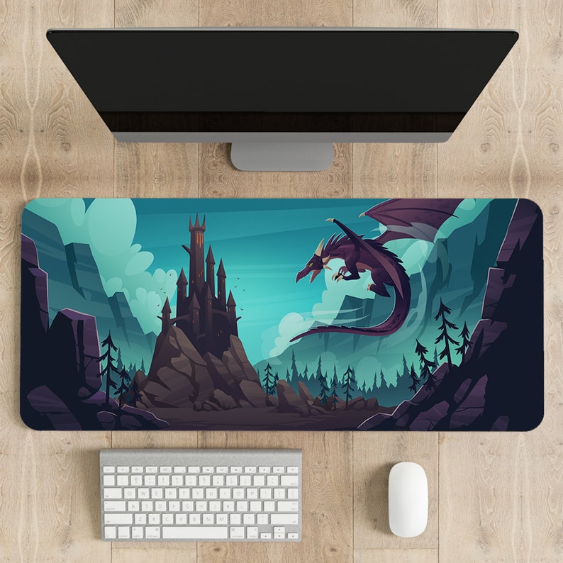 May include: A purple dragon flies over a dark, rocky landscape with a tall, dark castle in the background. The scene is set against a blue and green sky with clouds.