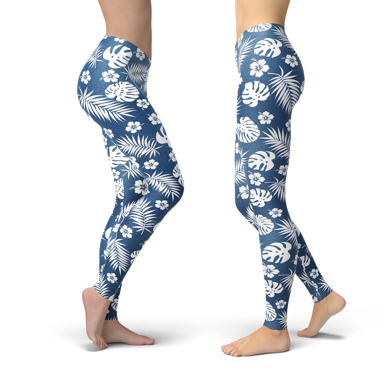 Tropical Spring Pattern on Denim Hight Waist Leggings Floral | Etsy