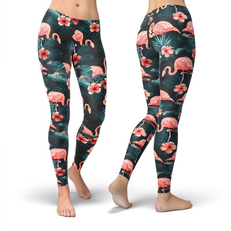 May include: Black leggings with a pink flamingo and tropical leaf pattern.