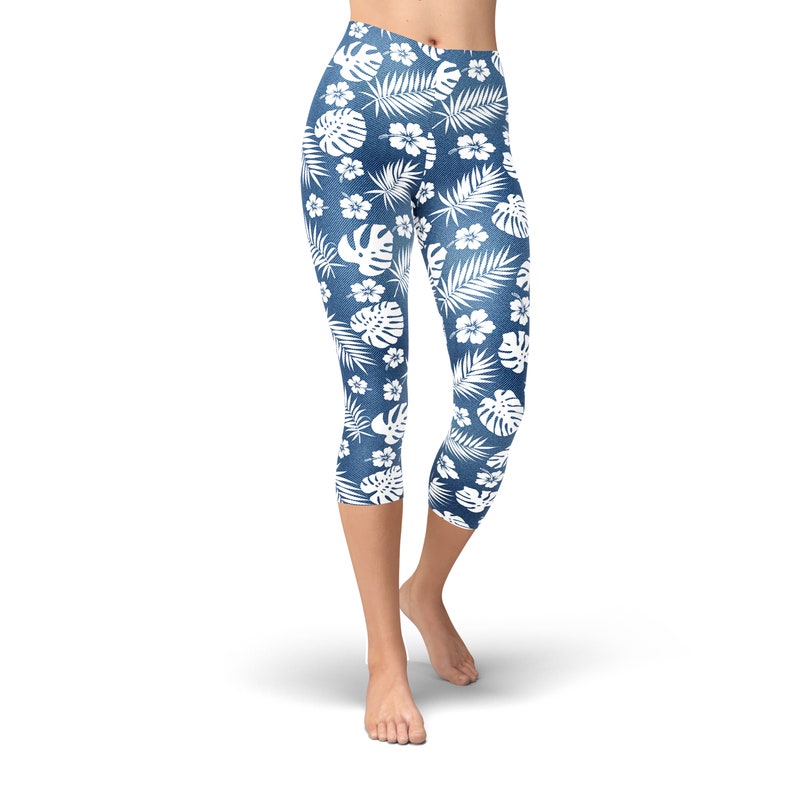 Tropical Spring Pattern on Denim Hight Waist Leggings Floral | Etsy